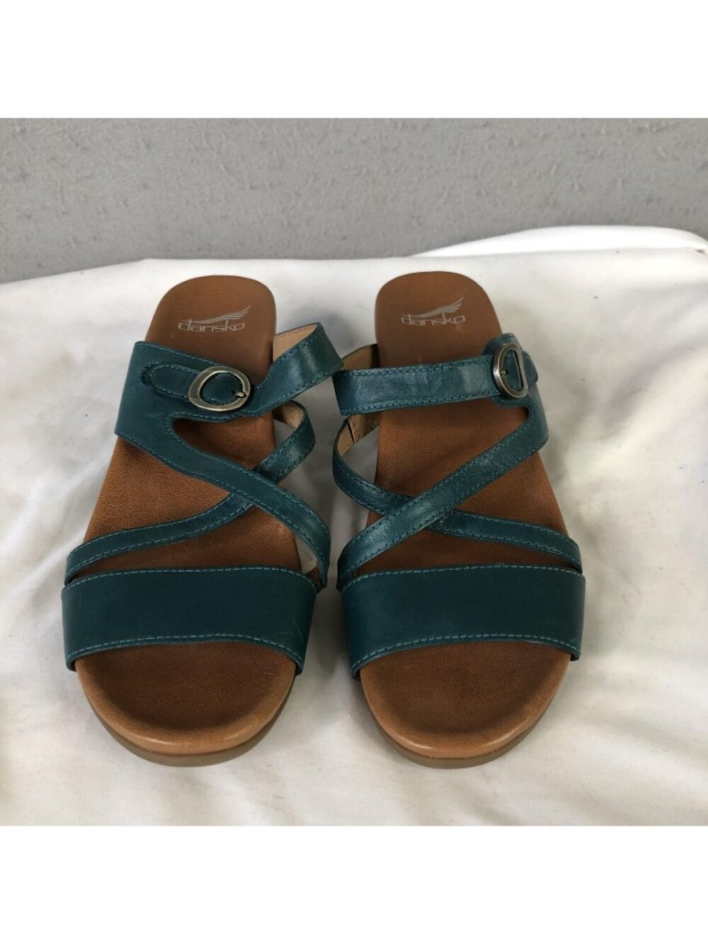 Dansko Sandals Womens Size 10.5 Green Leather Strappy Wedge Slide Buckle Comfort